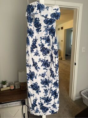 Off-Shoulder White Dress with Blue Floral Print